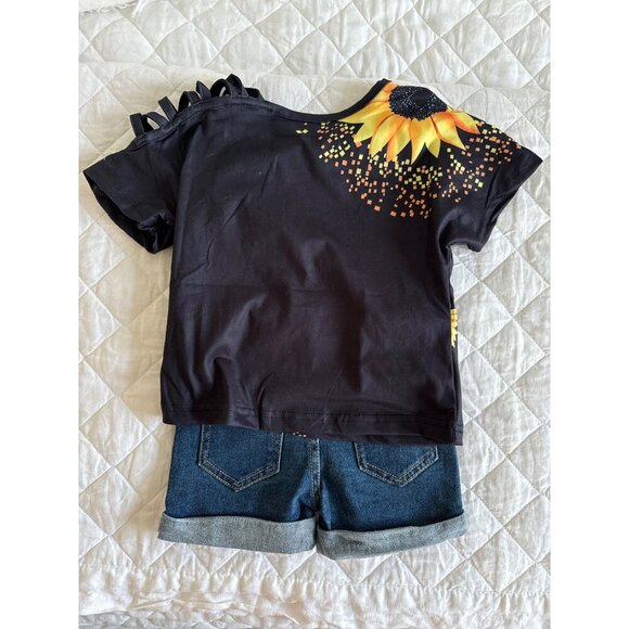 Sunflower Open Shoulder Denim Short Set, Small, 3T, Girls', blue, yellow - Picture 10 of 10